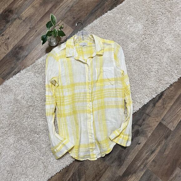 Lucky Brand Size Small Yellow White Plaid Button Down Linen Blend Top - Picture 2 of 5
